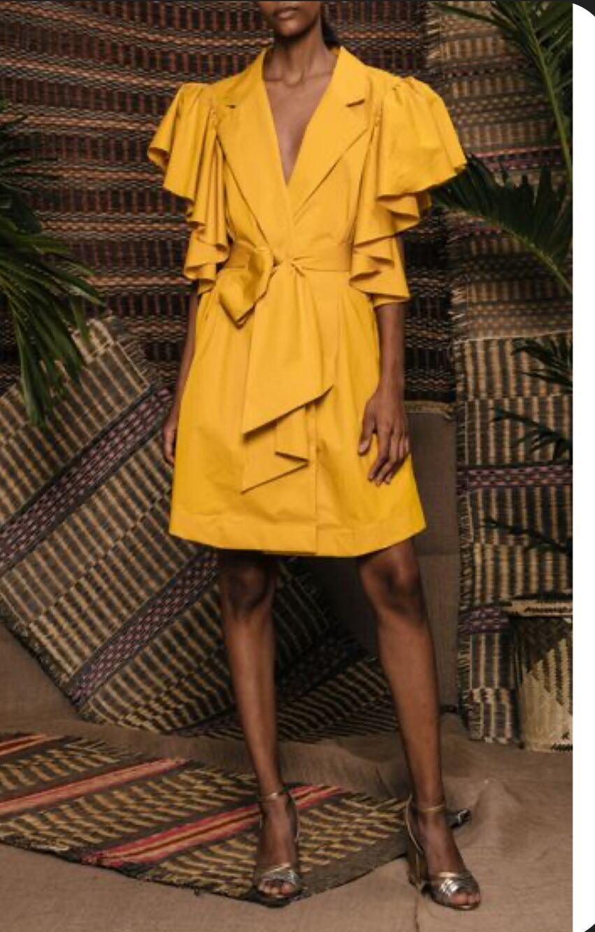 Johanna Ortiz Tulip Evolution Ruffle Shoulder Stretch Poplin Wrap Jacket Dress 8